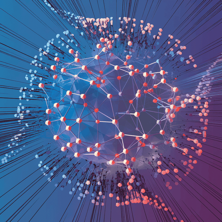 3D visualization of data analytics showing interconnected points with highlighted patterns.