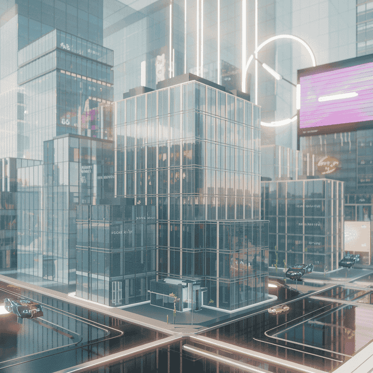 A digital cityscape representing virtual property, connected by blockchain technology.