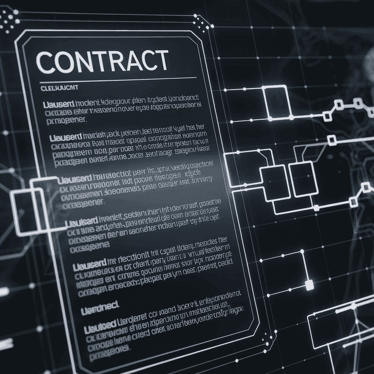 Digital contract on a screen with blockchain elements in the background, representing smart contract enforcement in Nevada.