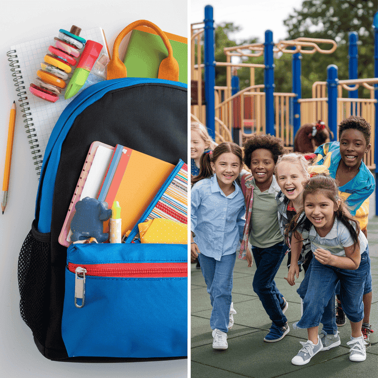 Split image of school supplies and children playing, representing education and social life