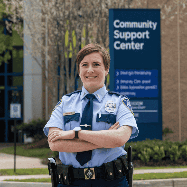  Individual standing confidently in front of a police station, representing empowerment to report cyberstalking incidents.