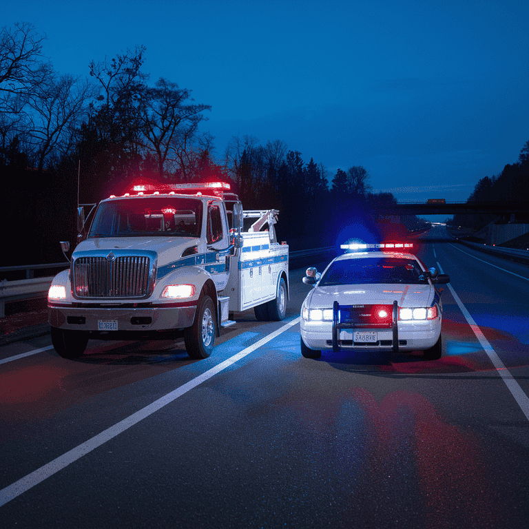 A tow truck and police car with flashing lights on the side of a dark highway, signaling nearby drivers to yield.