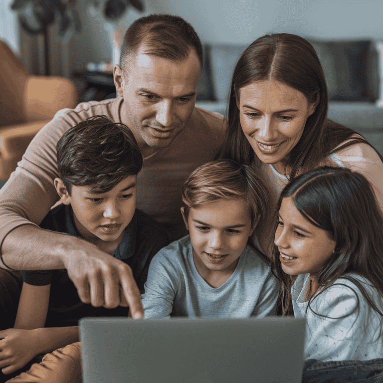 A family discussing online safety around a laptop, representing preventive strategies for digital well-being