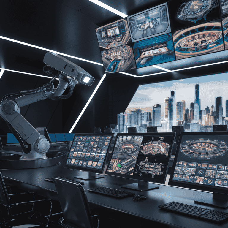 A futuristic view of a casino surveillance control room, featuring advanced technology like AI-powered monitoring systems and facial recognition software.