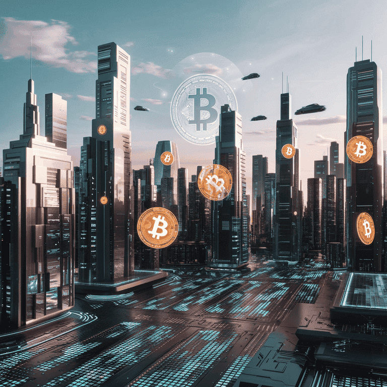 Futuristic cityscape with digital Bitcoin symbols, representing the future of Bitcoin forensics in a digital age