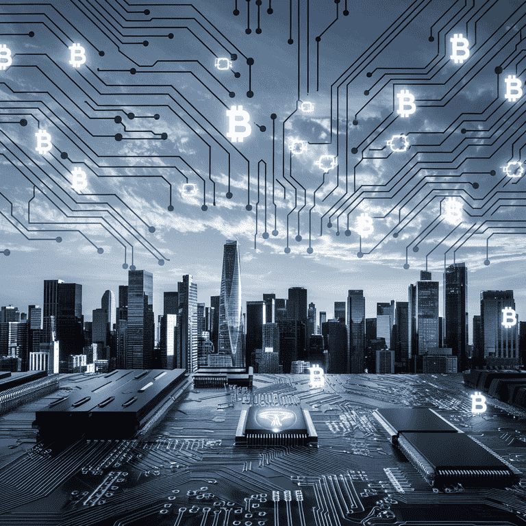 Futuristic cityscape with digital circuit and blockchain symbols, representing innovations in smart contract auditing and verification.