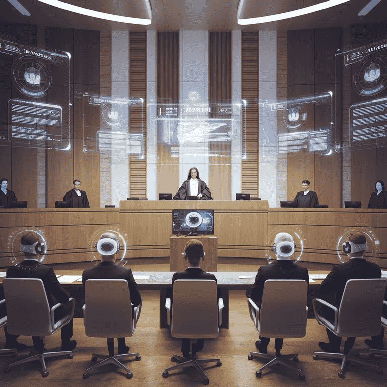 A futuristic virtual courtroom with advanced technology, including holographic displays and digital avatars of participants