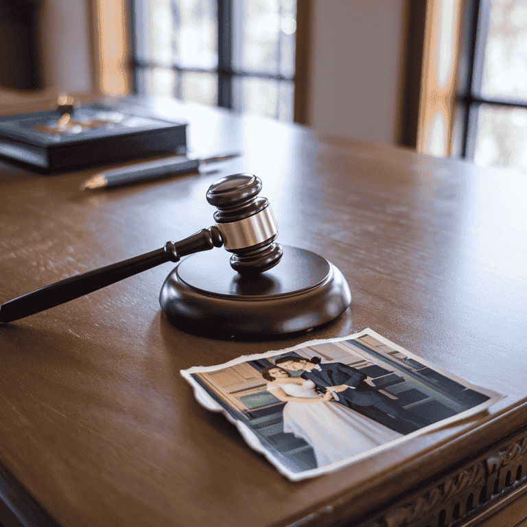 Judge's gavel beside a torn wedding photograph on a wooden desk