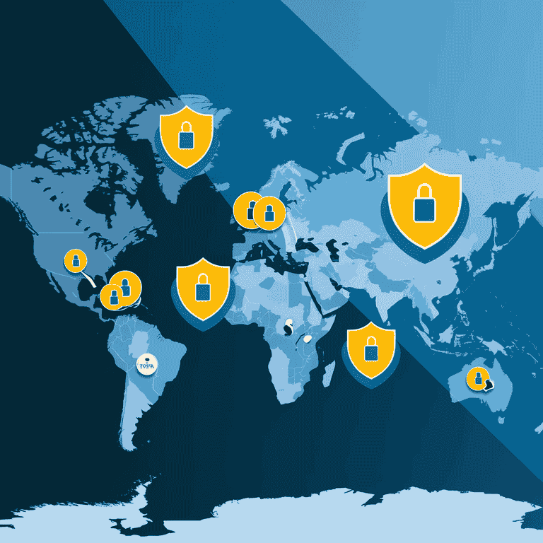 A world map showing global cities adopting smart city technologies with data security symbols representing privacy concerns.