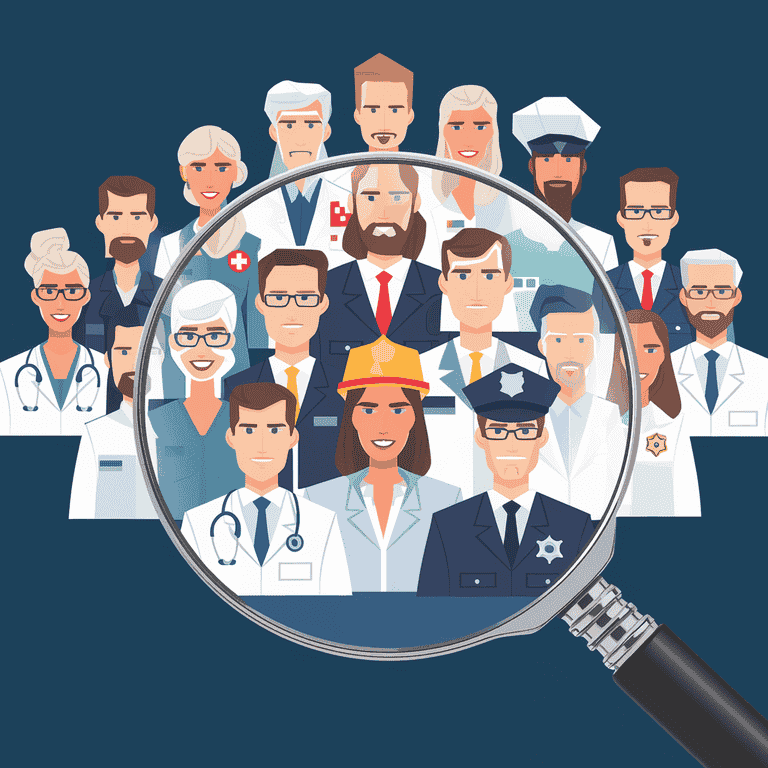 Magnifying glass selecting from diverse professional avatars with blockchain elements