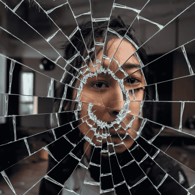 Shattered mirror with distorted reflections of a person's face