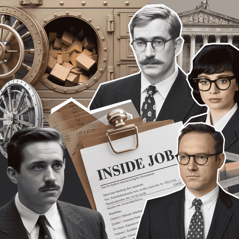 Collage of images representing notable inside job cases throughout history.