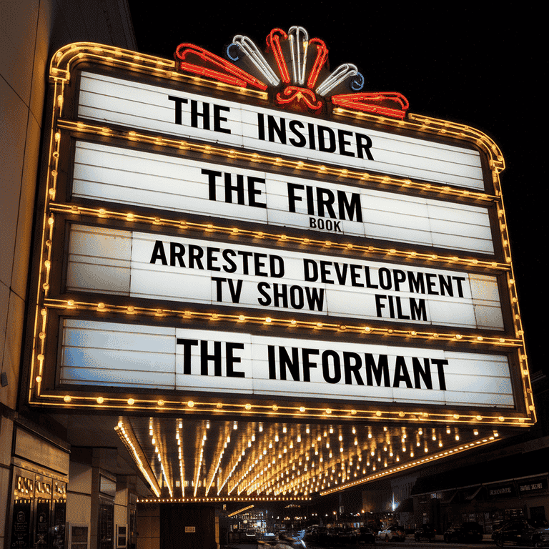 Movie theater marquee showcasing titles of popular inside job stories in media.