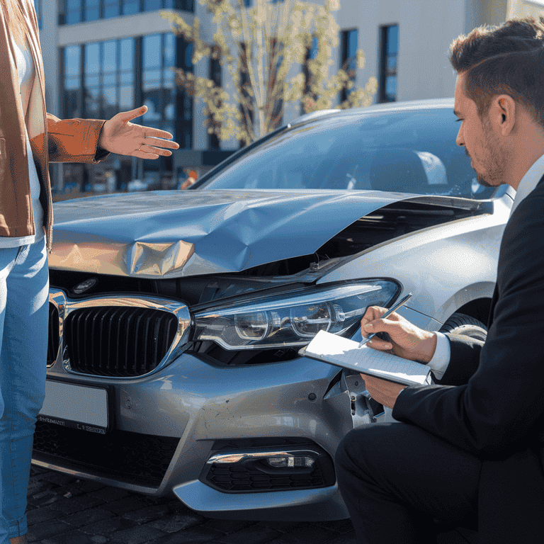 A person consulting with an insurance agent beside a damaged car, with the agent taking notes.