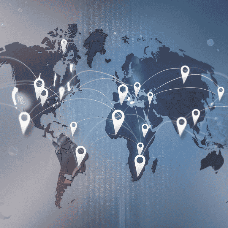 A world map showing international connections for legal translation using AI technology.