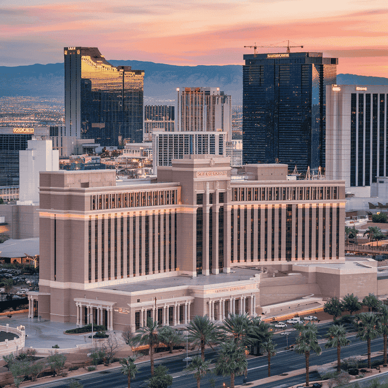 Las Vegas skyline with Clark County Courthouse prominently featured in the foreground