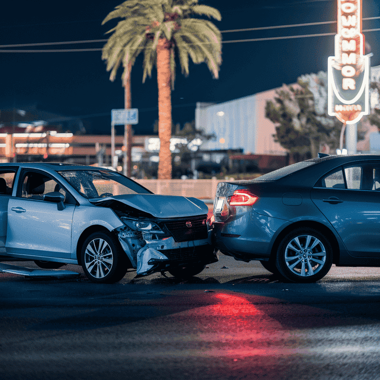 Nighttime car accident scene in Las Vegas with police presence