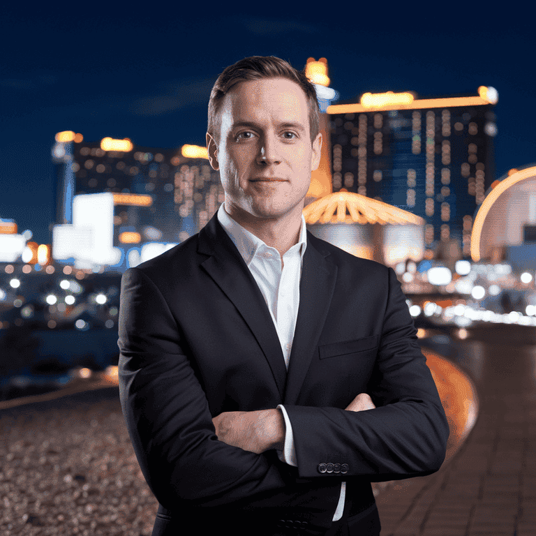 Las Vegas attorney standing confidently in front of the city skyline at night