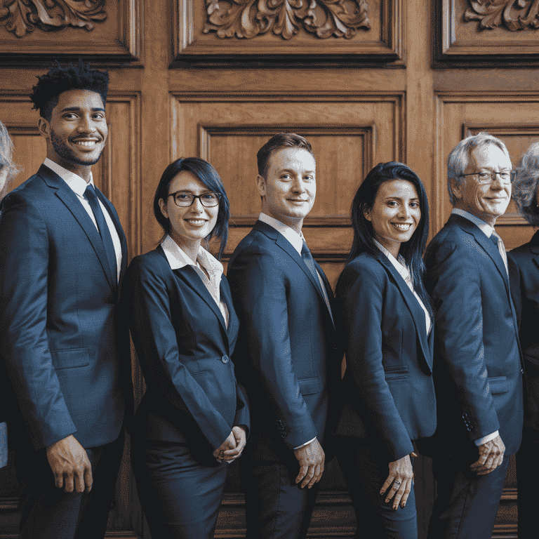 Group of diverse attorneys standing in front of a Las Vegas courthouse