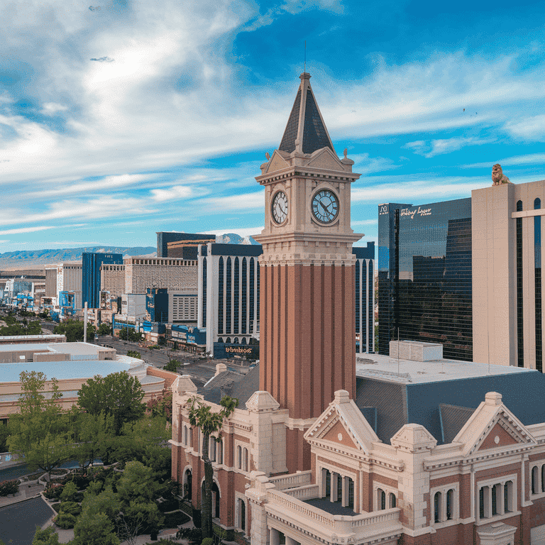 Las Vegas courthouse clock tower with the Strip in the background