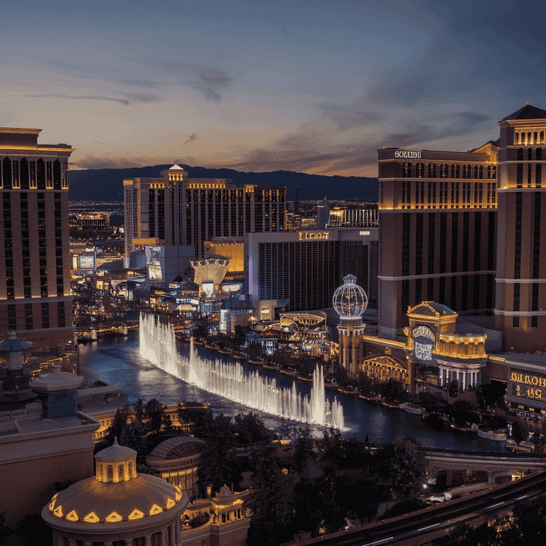 Aerial view of Las Vegas Strip at night, illuminated by colorful lights and neon signs