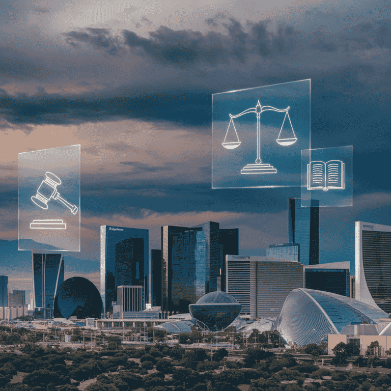  Futuristic Las Vegas skyline with holographic legal tech symbols.