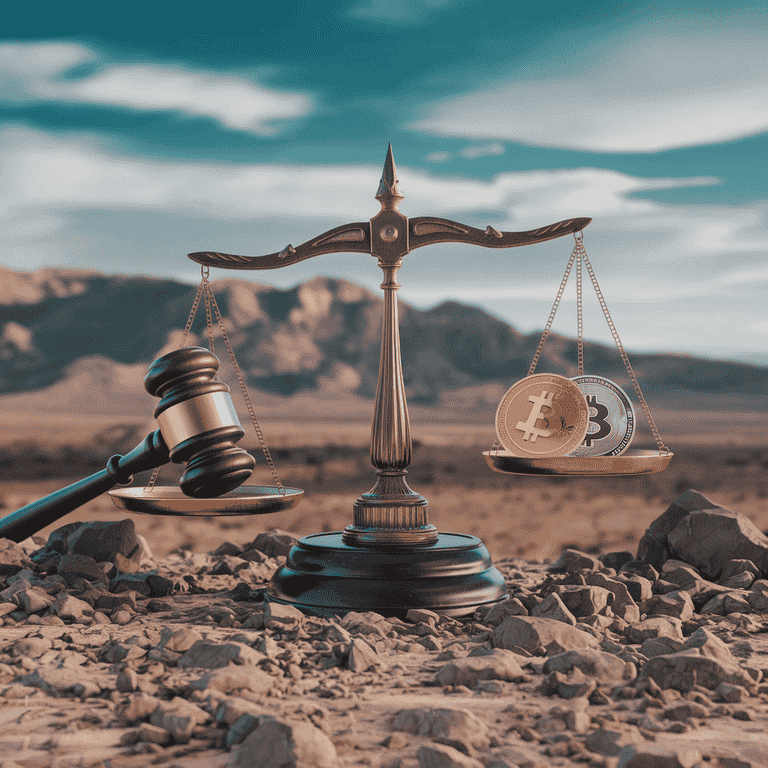 Balanced scale with a gavel and cryptocurrency symbols, symbolizing legal justice in crypto fraud cases in Nevada