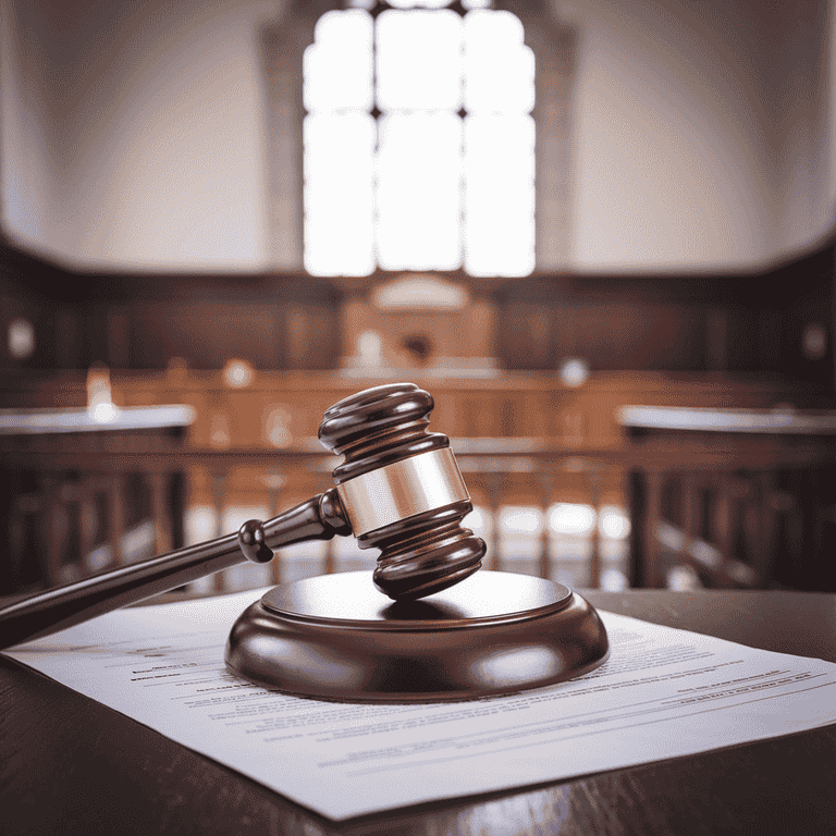 A gavel on a legal document in a courtroom setting, representing the legal implications of cyberbullying and cyberstalking.