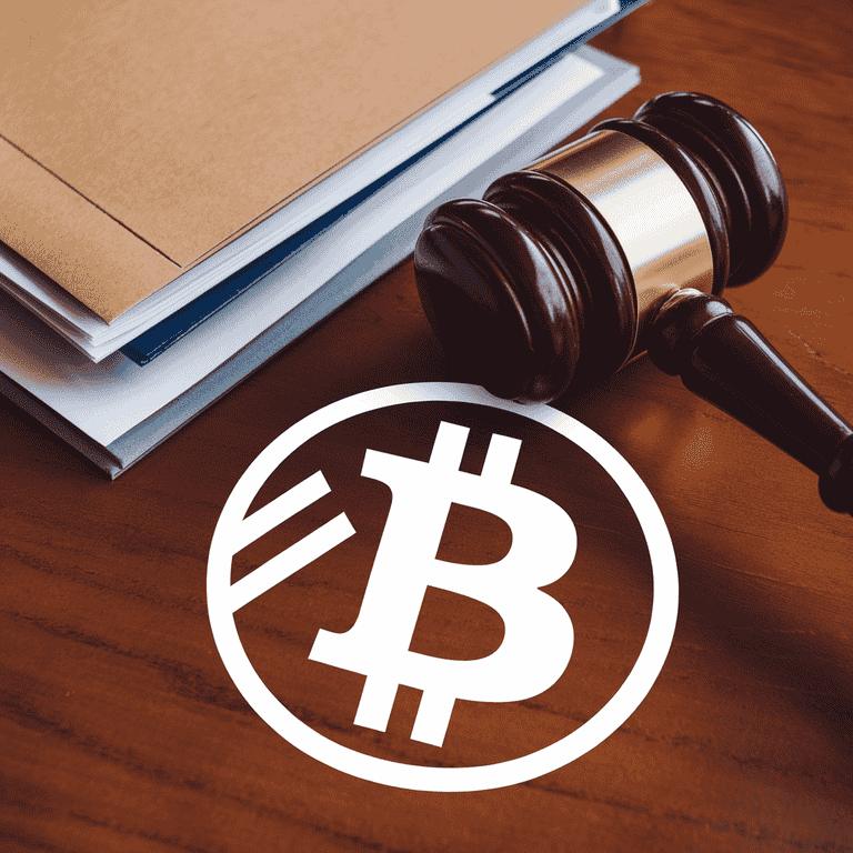 Gavel and legal documents next to a Bitcoin symbol, representing the legal and regulatory challenges of cryptocurrency.