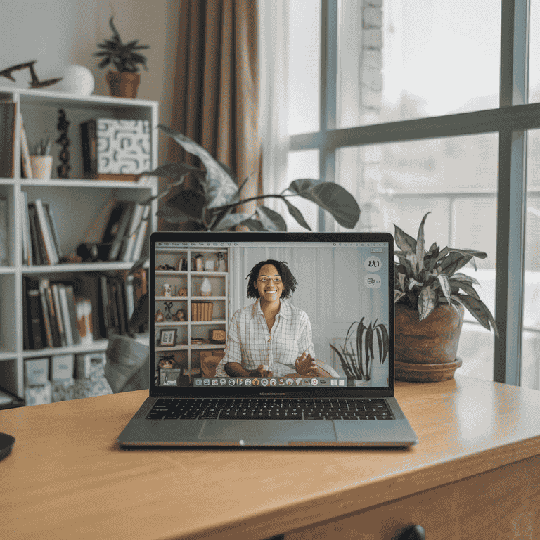 Laptop displaying a virtual therapy session, representing mental health resources for cyberstalking victims