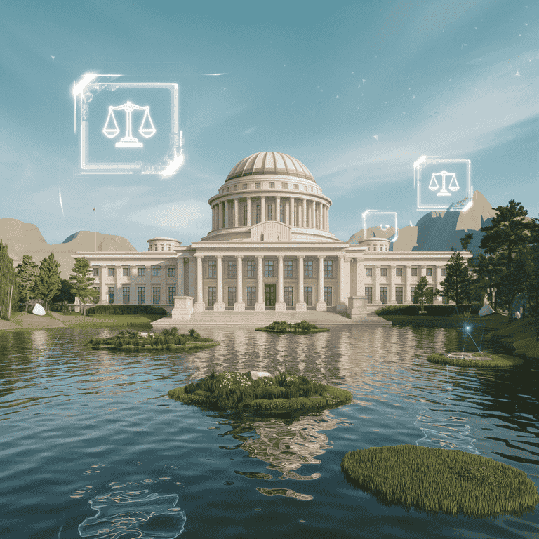 Futuristic Capitol building with holographic legal symbols in a virtual landscape