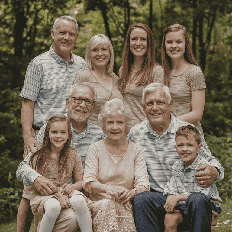 Multi-generational family portrait showing grandparents, parents, and children together