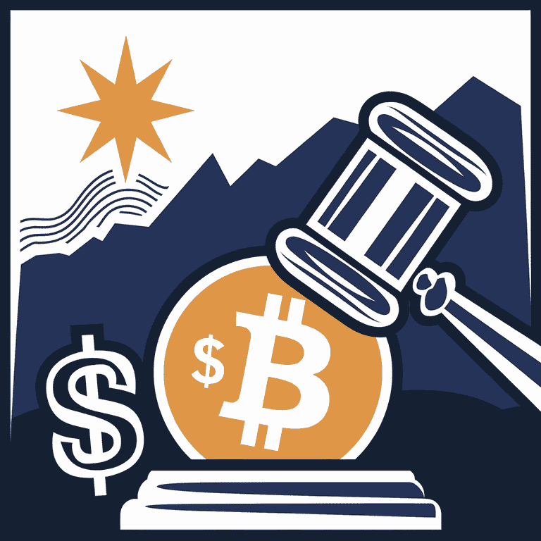 Nevada state flag merged with cryptocurrency symbols and a judge's gavel, representing the legal framework for crypto fraud in the state