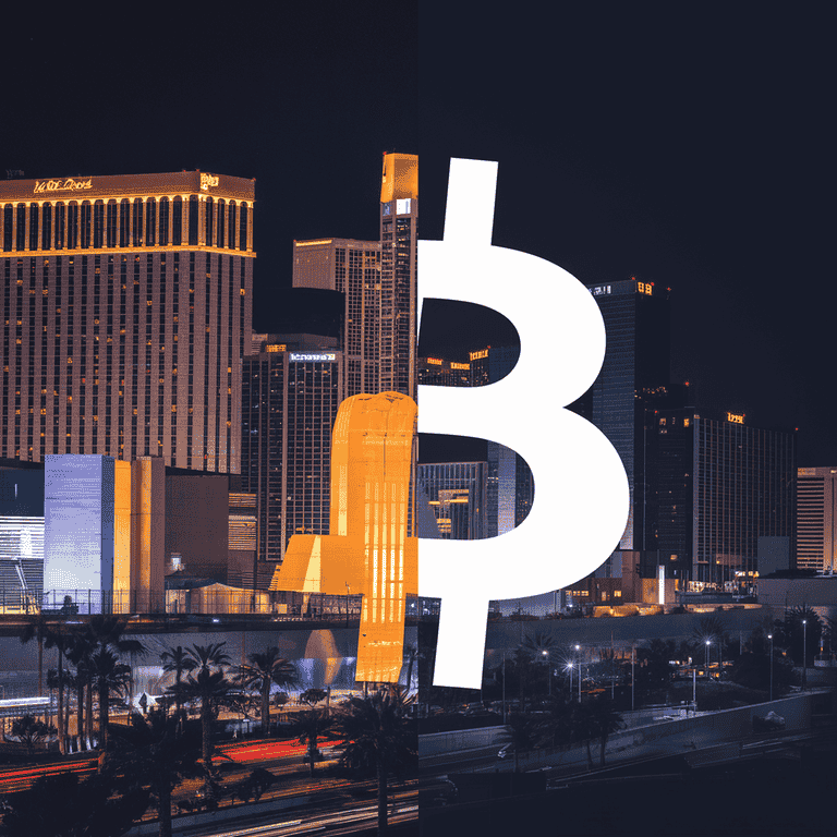 Las Vegas skyline juxtaposed with Bitcoin symbol, representing cryptocurrency in Nevada divorces