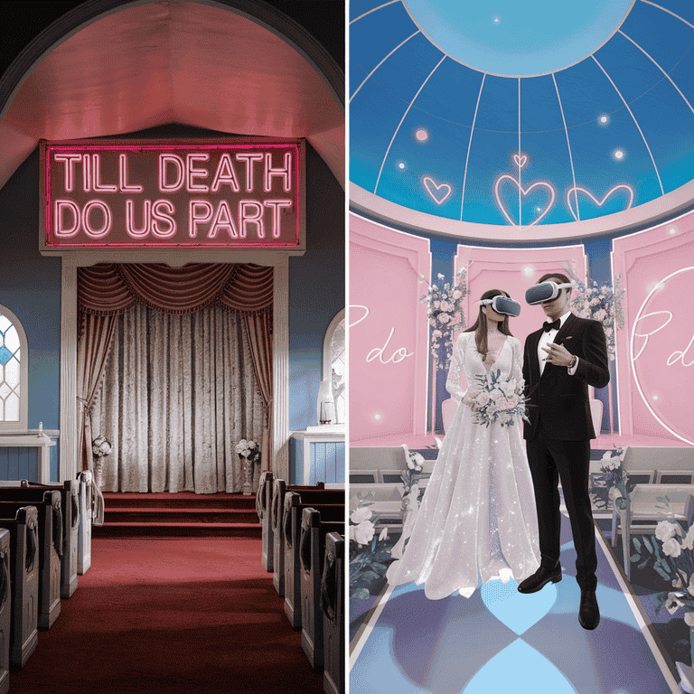 Split image comparing traditional Las Vegas wedding to futuristic virtual wedding with Nevada flag