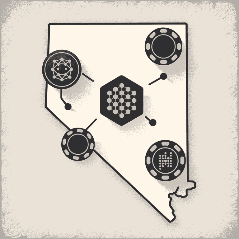 "Map of Nevada with digital icons symbolizing NFTs, gambling, and blockchain technology.