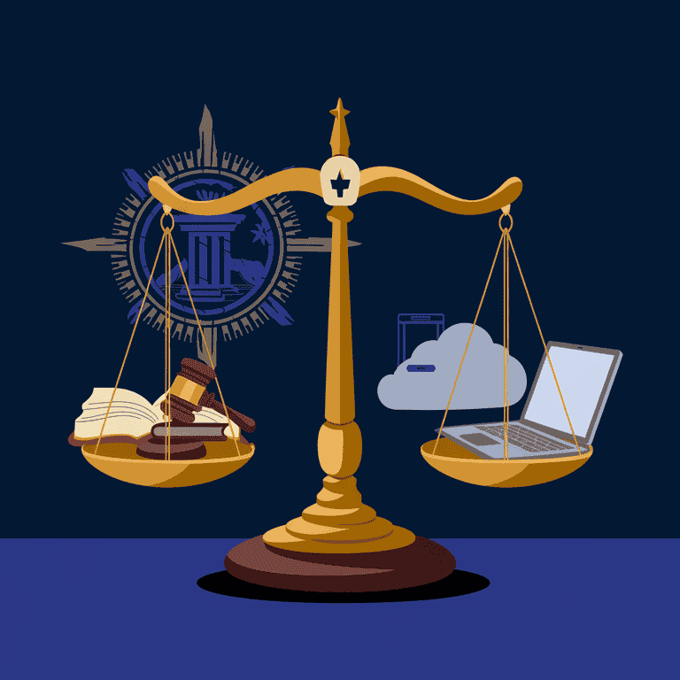 Digital scale balancing traditional law and modern legal tech with Nevada flag background.