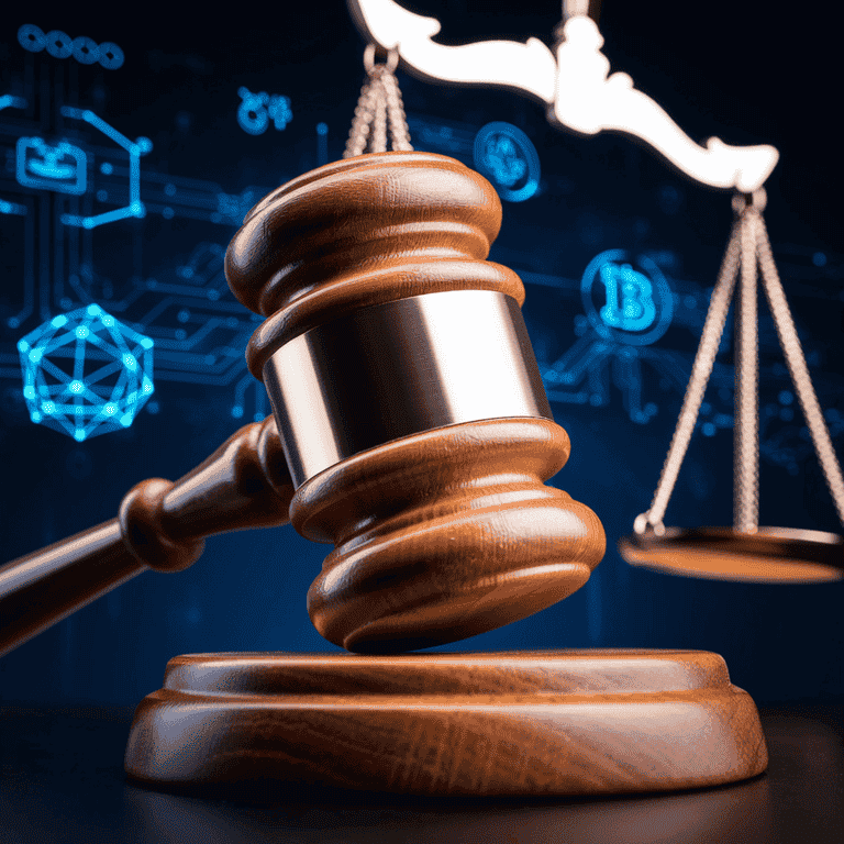 Gavel and scales of justice with digital assets and blockchain symbols representing legal challenges for NFT gambling operators.