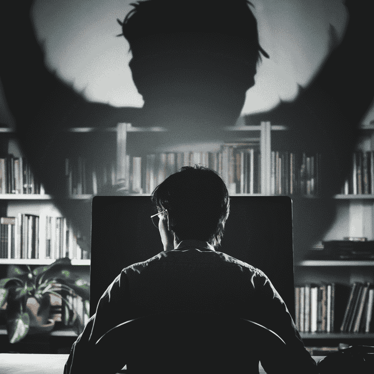 Silhouette of person at computer with ominous shadow behind