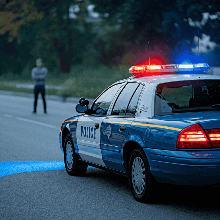 A police car on the side of the road during a DUI arrest involving prescription painkillers.