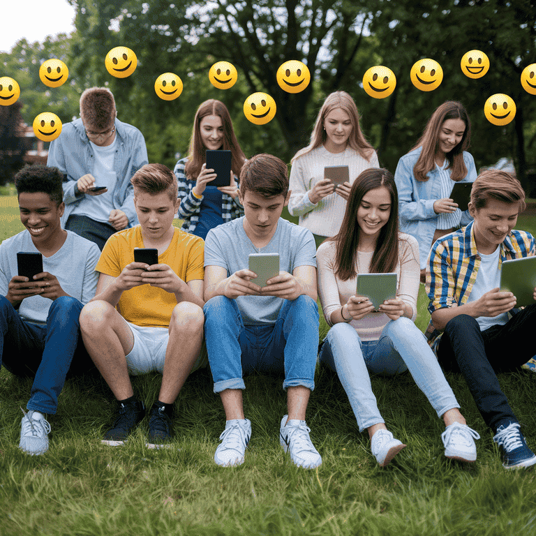 Diverse teens using digital devices with positive emojis, representing good digital etiquette