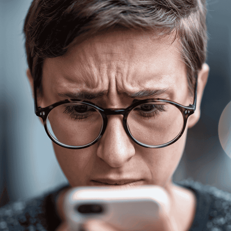 Close-up of a worried individual looking at their phone, reflecting the emotional distress of cyberstalking victims.