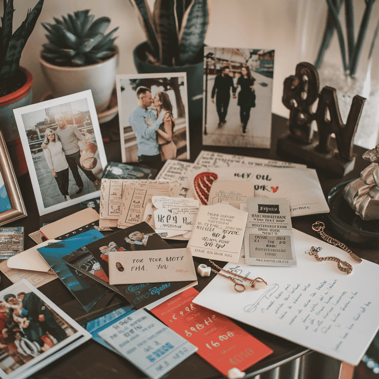 Collage of relationship mementos including photos, ticket stubs, and love letters