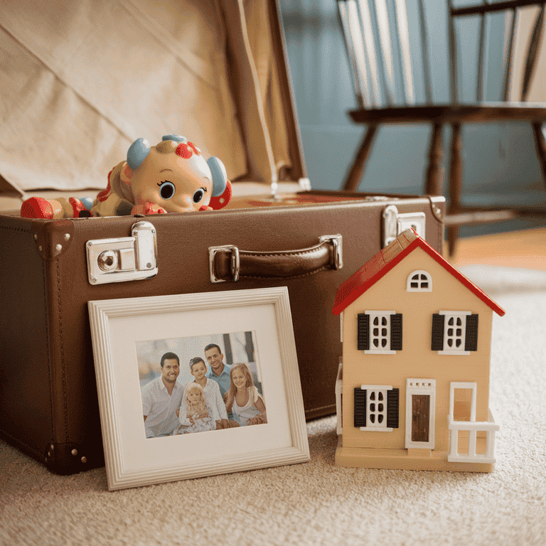 Suitcase, family photo, and toy symbolizing the impact of relocation on custody