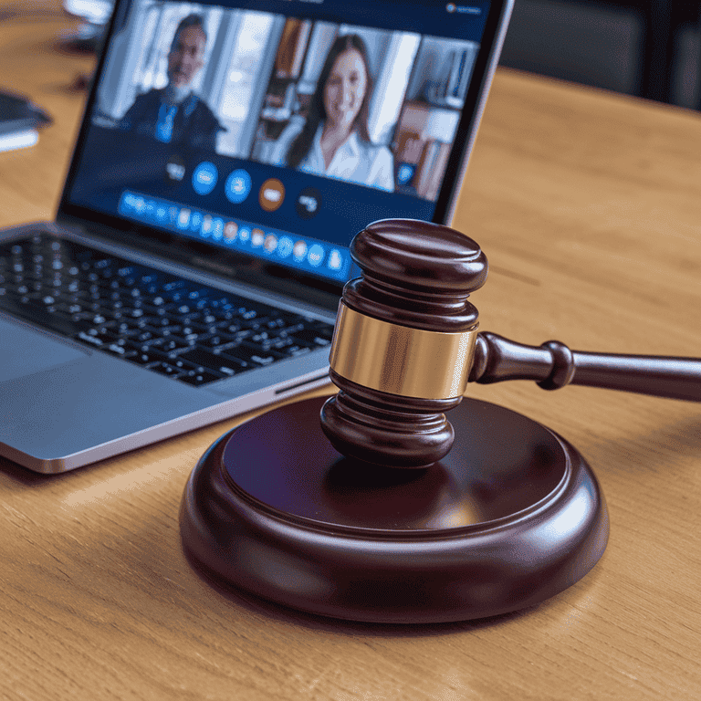 Gavel and laptop with video call interface representing remote legal proceedings