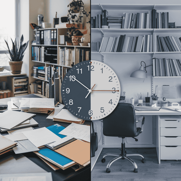 Contrasting home offices with clock showing time zone differences