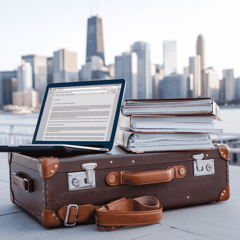 Suitcase with laptop and legal documents symbolizing remote work relocation