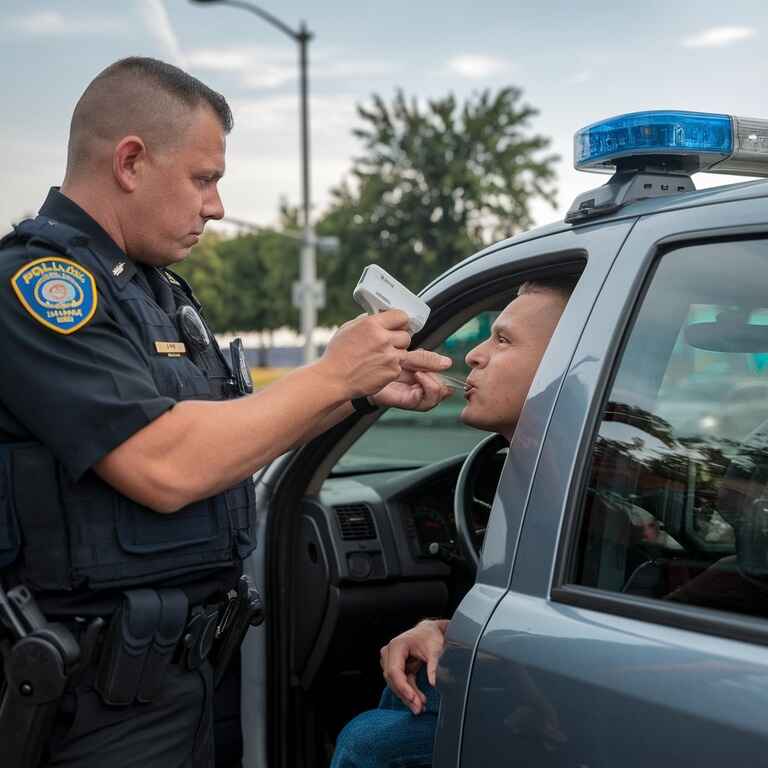 A police officer using a drug testing device at a roadside stop to assess impairment.