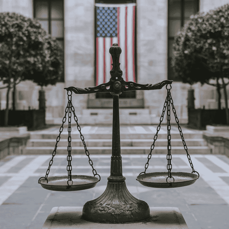 Scales of justice in focus with American flag blurred in the background