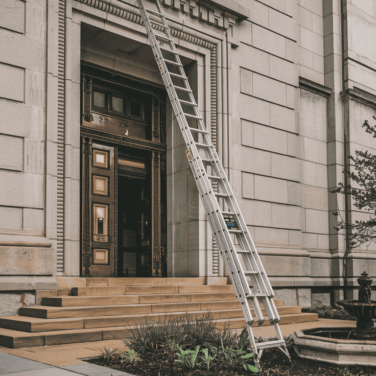 Ladder leaning against a courthouse, symbolizing the appeals process